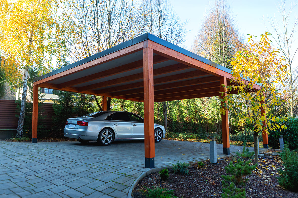 Dupla előregyártott kocsibeálló ötletek ragasztott fa szerkezettel