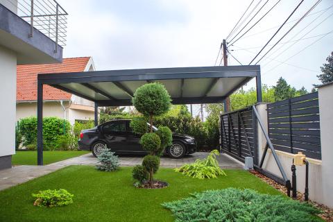 Deluxe building kocsibeallo aluminium szerkezet antracit szendvicspanel fedes negyzetes csatorna modern fedett kukatarolo 11