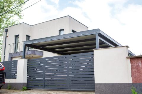 Deluxe building kocsibeallo aluminium szerkezet antracit szendvicspanel fedes negyzetes csatorna modern fedett kukatarolo 13