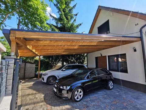 Lazúr festésű, ragasztott fa kocsibeálló, polikarbonát fedéssel 01