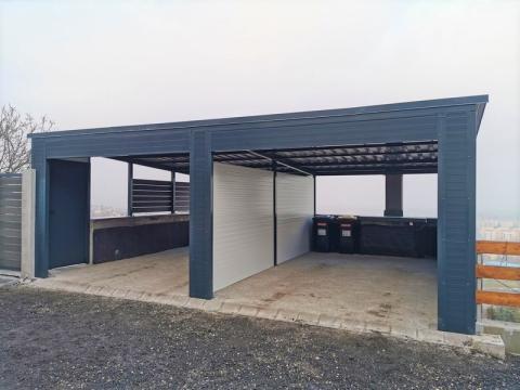 Vas szerkezetű, dupla kocsibeálló trapéz lemez fedéssel 05